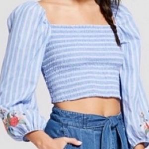 Xhilaration Floral Embroidered Smock Crop Top